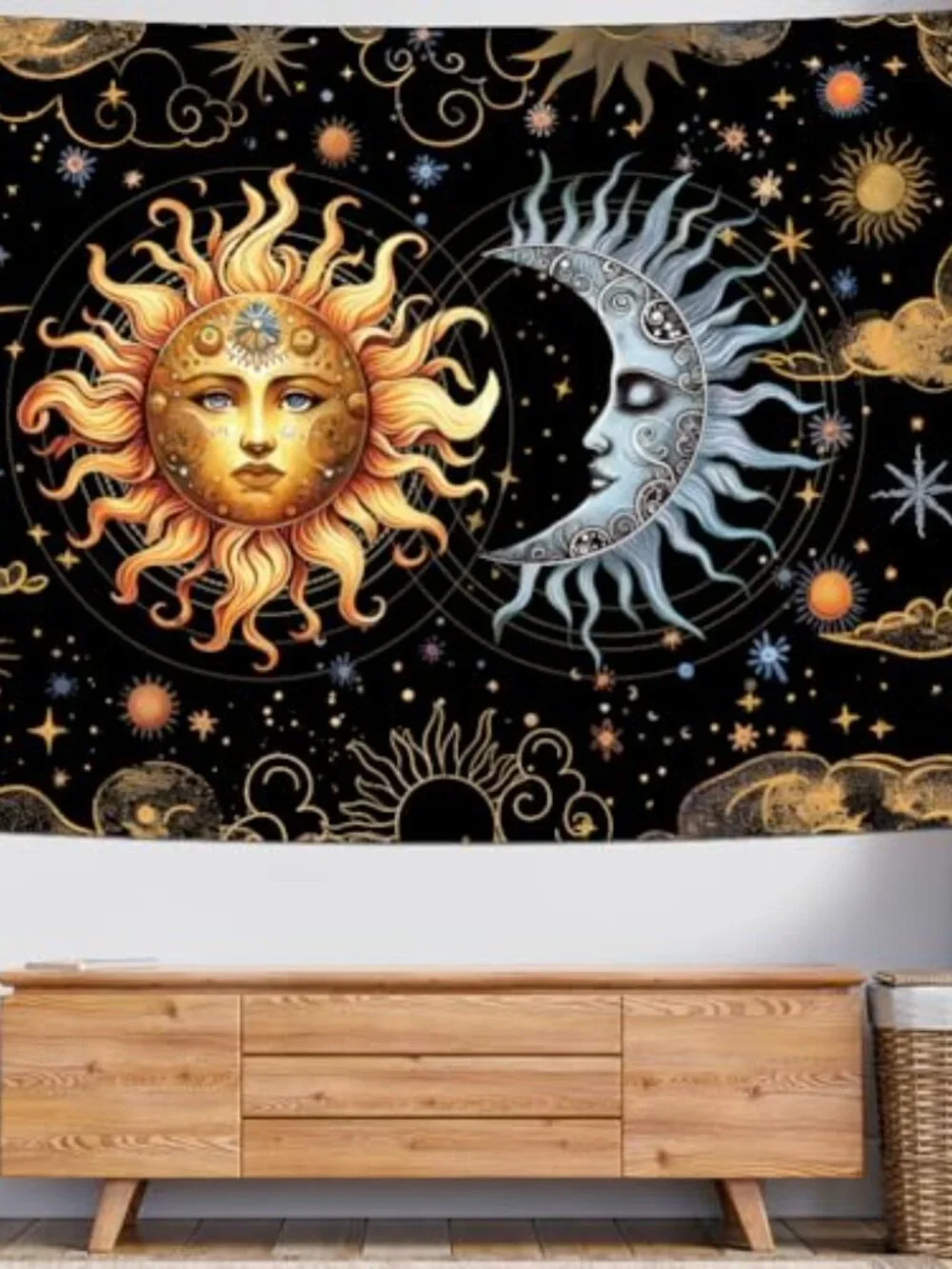 BRAND NEW Sun and Moon Tapestry Boho Black Golden Tapestries 59.1